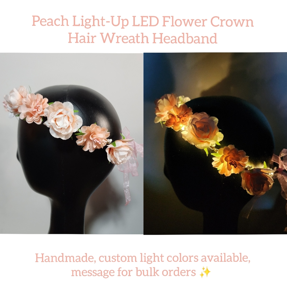Peachy Pink Flower Crown Hair Wreath Headband with Light-Up LED Lights